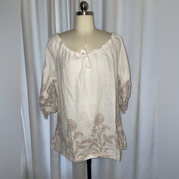 Auntie Oti Beige Embroidered Drawstring Tunic Top - Picture 1 of 3